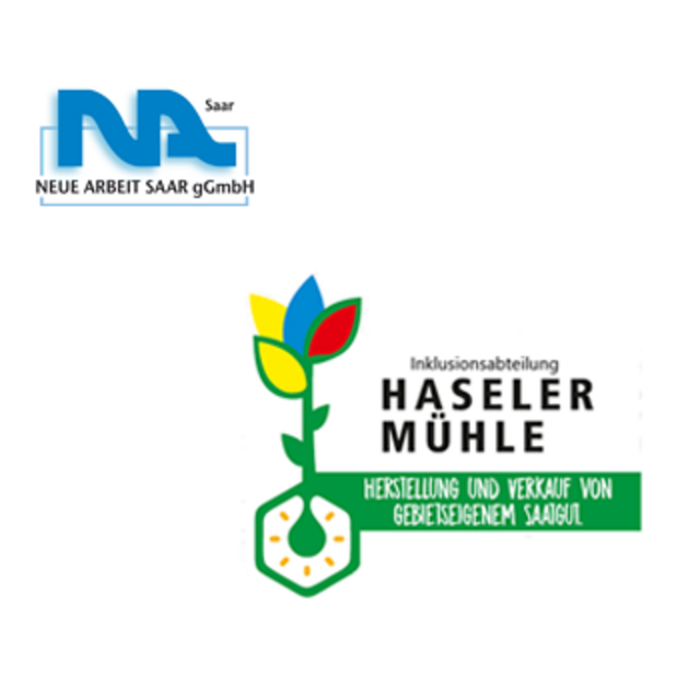 Logos der Neue Arbeit Saar und deren Inklusionsabteilung Haseler Mühle (mit wechselnden Bildern von Mitarbeitern im Hintergrund)
